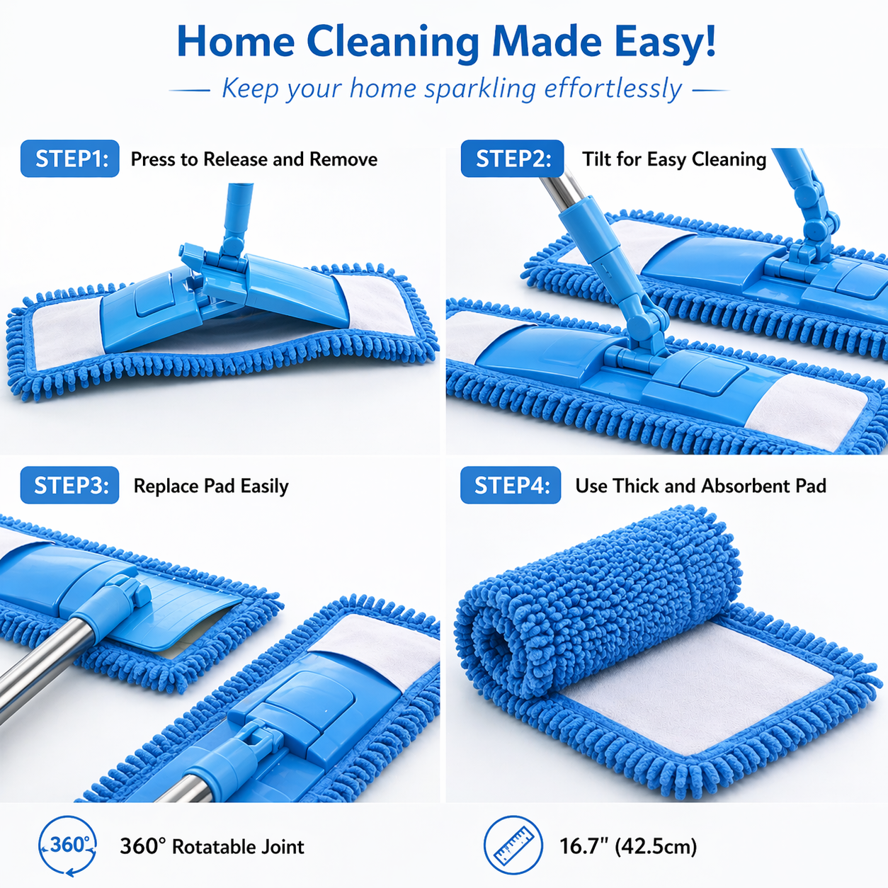 Detachable Coral Fleece Flat Mop with Stainless Steel Handle